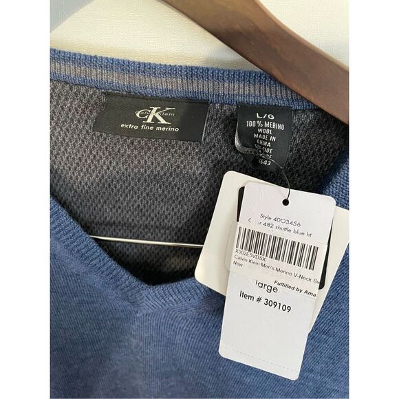 Brand New Calvin Klein Men’s Large Blue Extra Fine Merino Wool Pullover Sweater - Picture 3 of 6